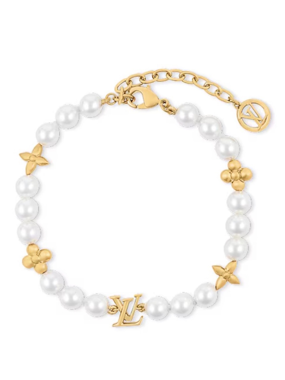 Louis Vuitton White Pearl and Gold Logo Anklet